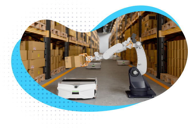 Robotic Arm Taking A Cardboard Box And Putting It On The Automated Guided Vehicle In The Warehouse