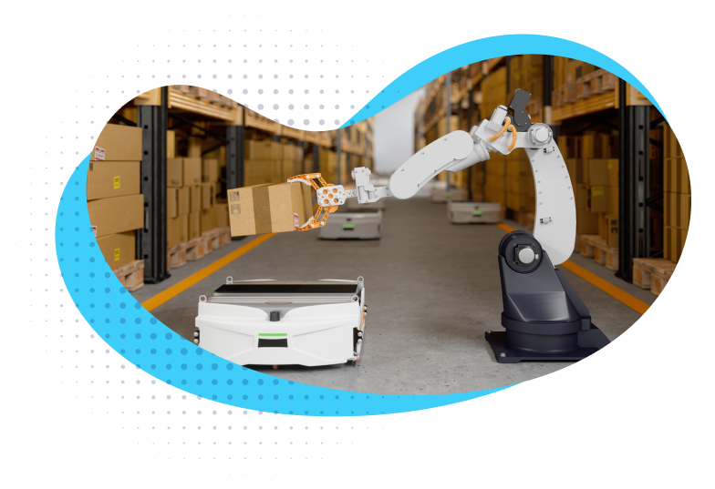Robotic Arm Taking A Cardboard Box And Putting It On The Automated Guided Vehicle In The Warehouse