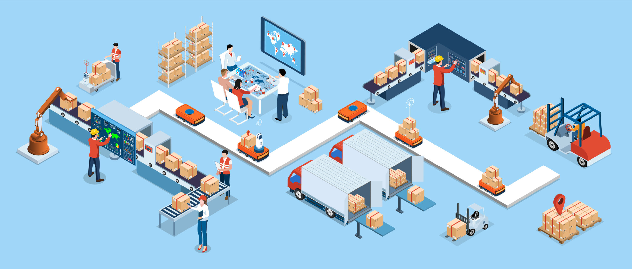 3d Isometric Automated Warehouse Robots And Smart Warehouse Technology Concept With Warehouse Automation System And Autonomous Robot Transportation Operation Service. Vector Illustration Eps 10